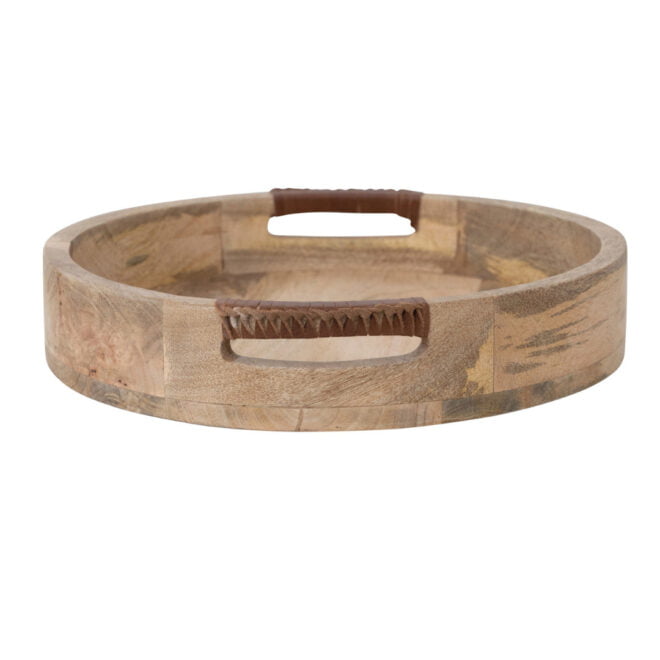 Round Wood Tray with Leather Handles