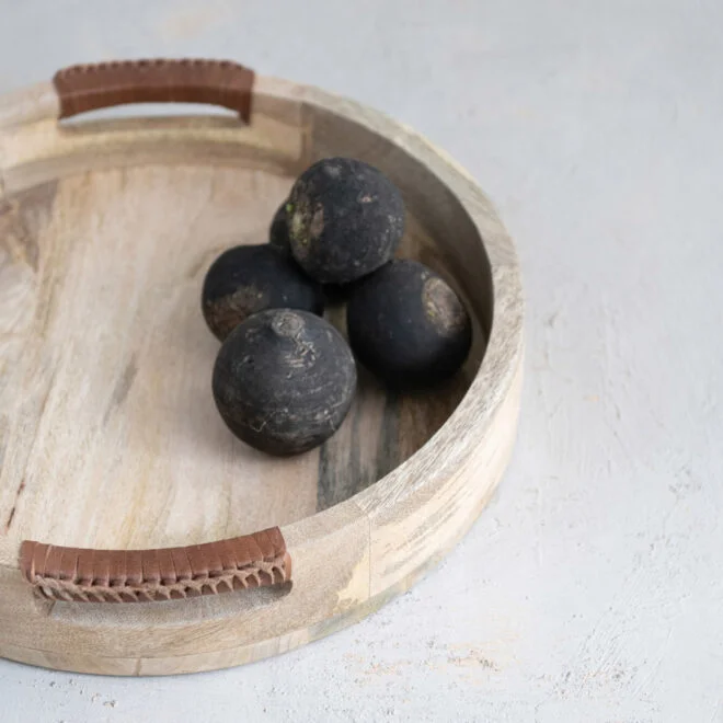 Round Wood Tray with Leather Handles