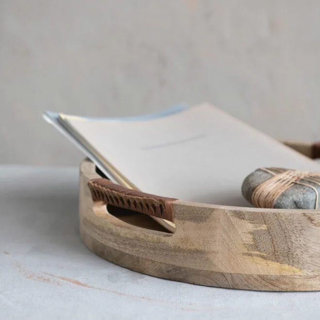 Round Wood Tray with Leather Handles