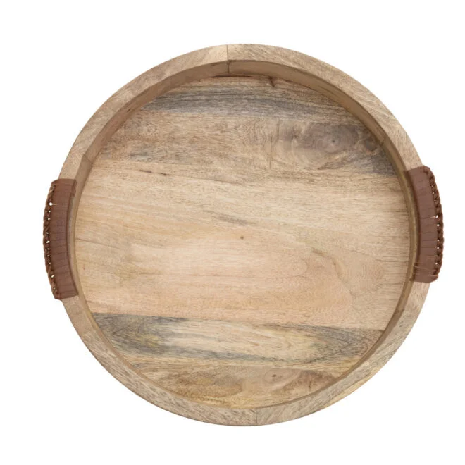 Round Wood Tray with Leather Handles